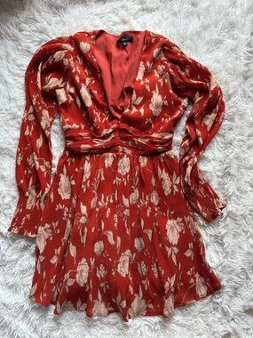 Lulu's Rust Red Floral Long Sleeve V-Neck Mini Dress